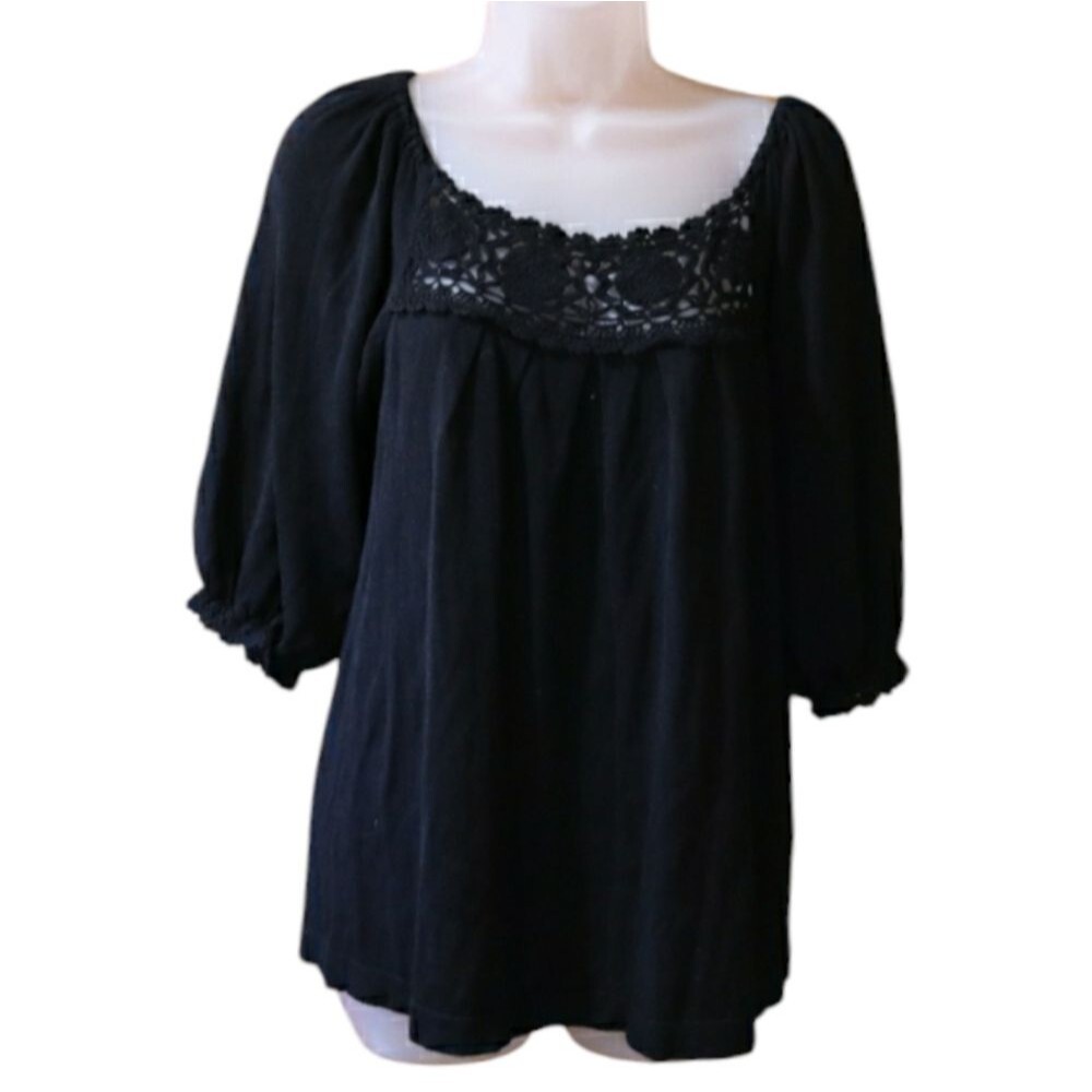 Karen Kane Black Crochet Boho Floral Blouse Silk Blend Medium